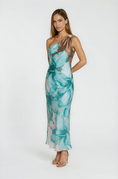 Tek Omuz Metal Aksesuarlı Davet Elbisesi YEŞİL