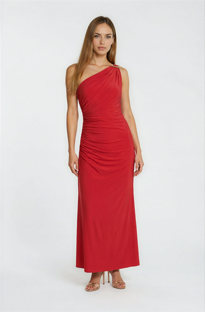 Tek Omuz Metal Aksesuarlı Yanı Drapeli Davet Elbisesi KIRMIZI