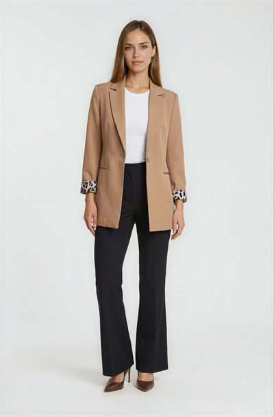 Tetterina Tek Düğme Leopar Astarlı Ceket CAMEL