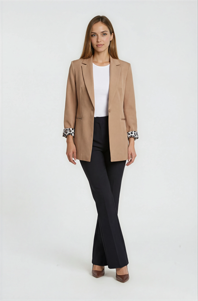 Tetterina Tek Düğme Leopar Astarlı Ceket CAMEL