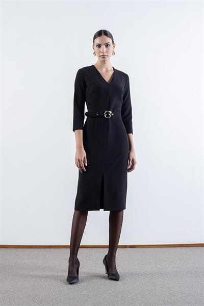 Tigerman V Yaka Fermuarlı Önde Yırtmaçlı Kemerli Elbise SİYAH