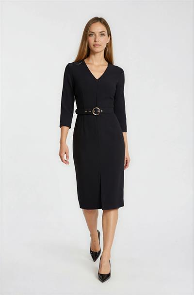 Tigerman V Yaka Fermuarlı Önde Yırtmaçlı Kemerli Elbise SİYAH