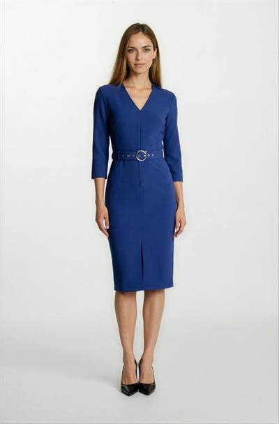 Tigerman V Yaka Fermuarlı Önde Yırtmaçlı Kemerli Elbise SAKS