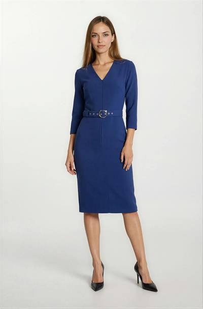 Tigerman V Yaka Fermuarlı Önde Yırtmaçlı Kemerli Elbise SAKS