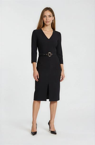 Tigerman V Yaka Fermuarlı Önde Yırtmaçlı Kemerli Elbise SİYAH