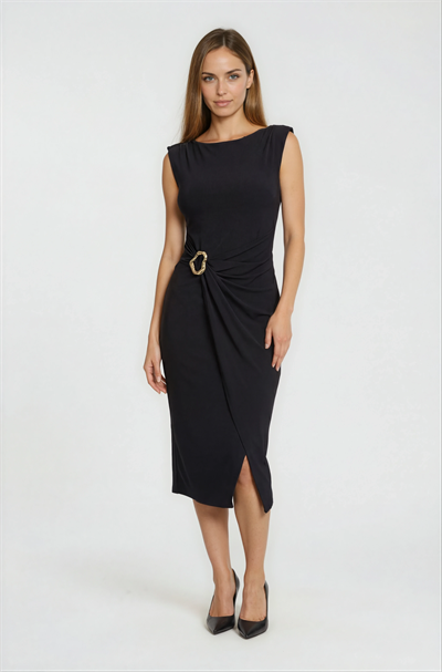 Toka Detaylı Drapeli Asimetrik Kesim Elbise SİYAH