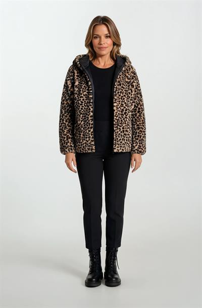 Tomasino Çift Taraflı Kapitoneli Peluş Leopar Kapüşonlu Mont SİYAH