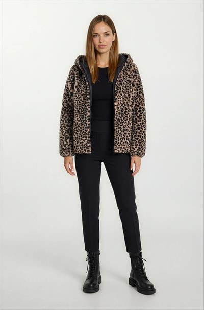 Tomasino Çift Taraflı Kapitoneli Peluş Leopar Kapüşonlu Mont SİYAH