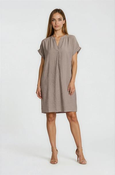 V Yaka Kısa Kol Midi Elbise VİZON