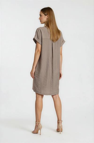 V Yaka Kısa Kol Midi Elbise VİZON