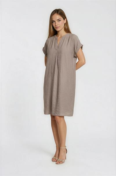 V Yaka Kısa Kol Midi Elbise VİZON