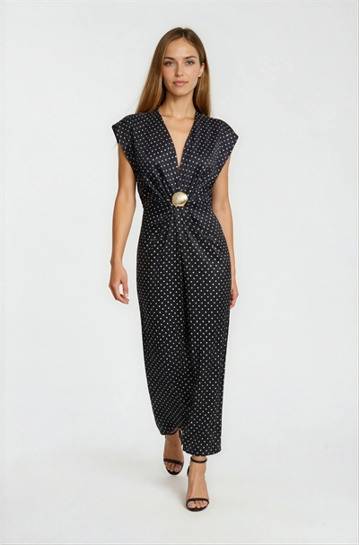 V Yaka Puantiyeli Toka Detaylı Davet Elbisesi SİYAH