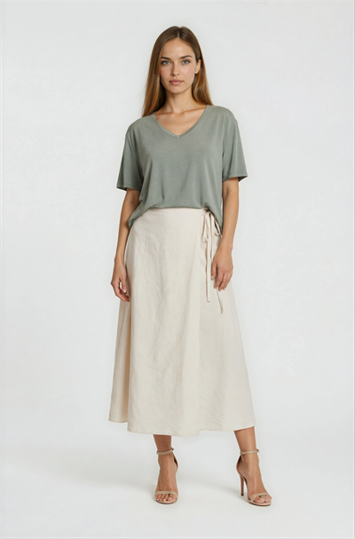 Yan Bağlamalı Beli Lastikli Anvelop Etek KREM