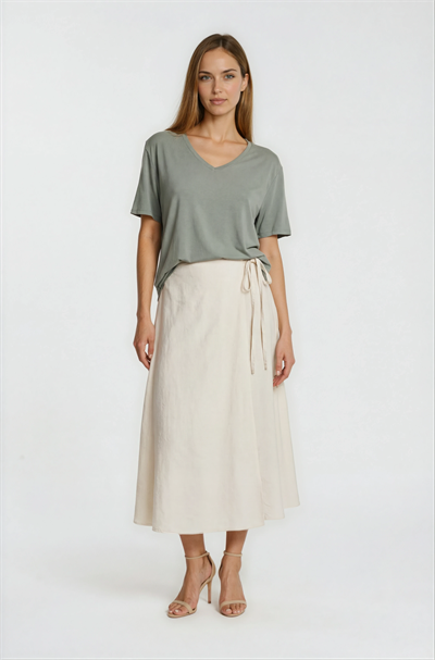 Yan Bağlamalı Beli Lastikli Anvelop Etek KREM