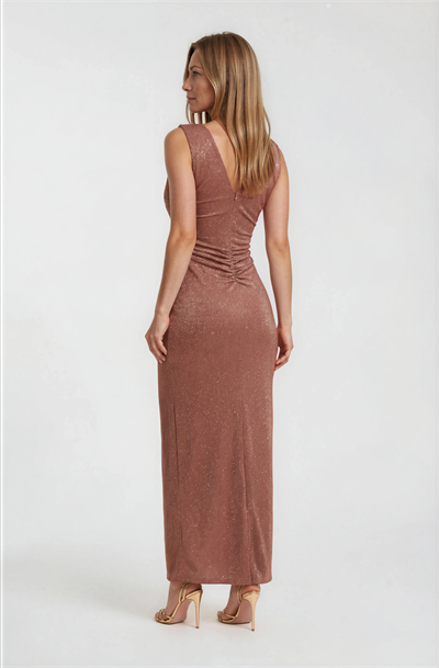 Yanı Tokalı Detaylı Kruvaze Simli Drapeli Davet Elbisesi BAKIR