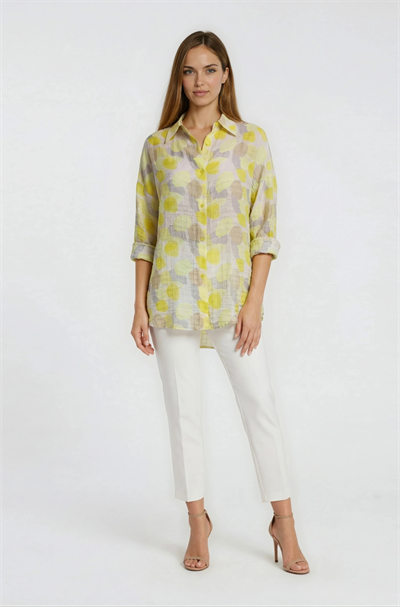 Yaprak Baskılı Katlamalı Kol Oversize Gömlek SARI
