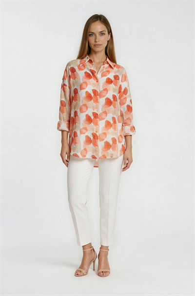 Yaprak Baskılı Katlamalı Kol Oversize Gömlek TURUNCU