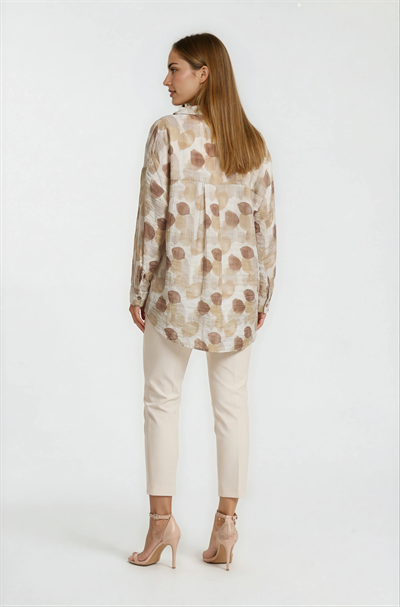 Yaprak Baskılı Katlamalı Kol Oversize Gömlek KAHVE