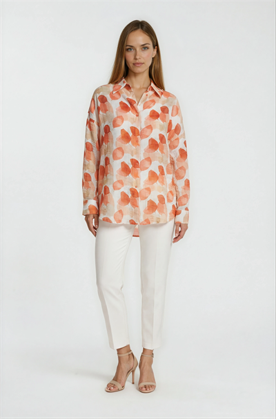 Yaprak Baskılı Katlamalı Kol Oversize Gömlek TURUNCU