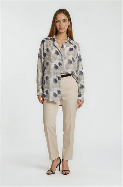 Yaprak Baskılı Katlamalı Kol Oversize Gömlek GRİ