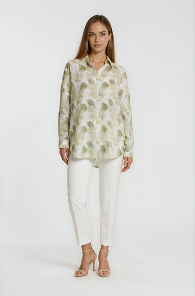 Yaprak Baskılı Katlamalı Kol Oversize Gömlek HAKİ