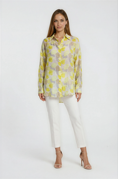 Yaprak Baskılı Katlamalı Kol Oversize Gömlek SARI