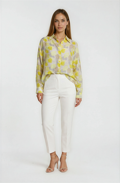 Yaprak Baskılı Katlamalı Kol Oversize Gömlek SARI