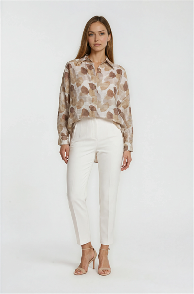 Yaprak Baskılı Katlamalı Kol Oversize Gömlek KAHVE