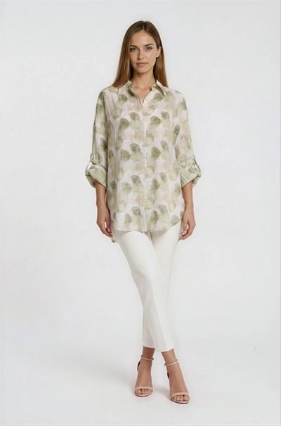 Yaprak Baskılı Katlamalı Kol Oversize Gömlek HAKİ