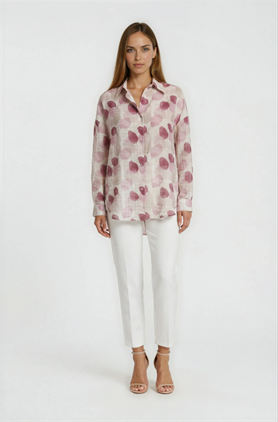 Yaprak Baskılı Katlamalı Kol Oversize Gömlek MÜRDÜM