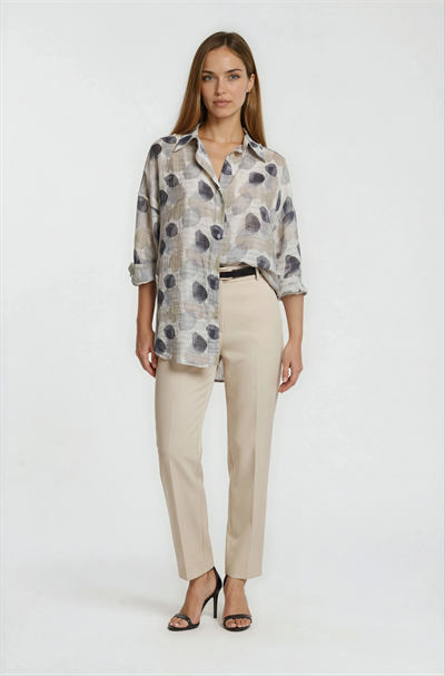 Yaprak Baskılı Katlamalı Kol Oversize Gömlek GRİ