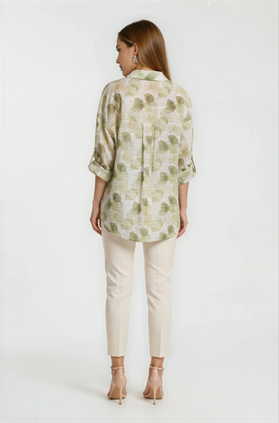 Yaprak Baskılı Katlamalı Kol Oversize Gömlek HAKİ