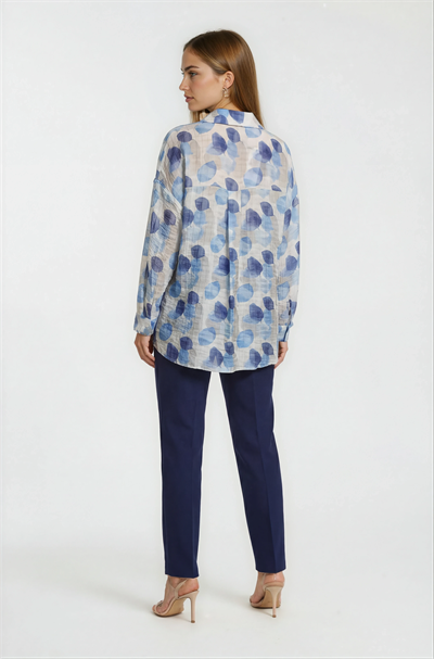 Yaprak Baskılı Katlamalı Kol Oversize Gömlek MAVİ