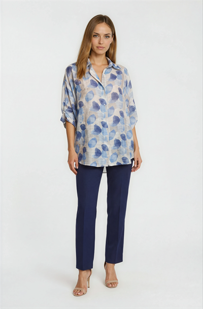 Yaprak Baskılı Katlamalı Kol Oversize Gömlek MAVİ