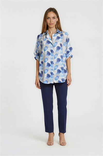 Yaprak Baskılı Katlamalı Kol Oversize Gömlek MAVİ