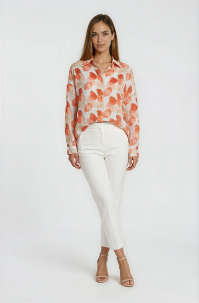 Yaprak Baskılı Katlamalı Kol Oversize Gömlek TURUNCU