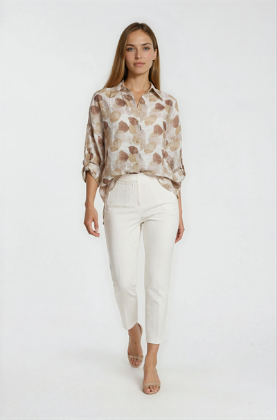 Yaprak Baskılı Katlamalı Kol Oversize Gömlek KAHVE