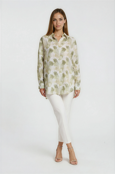 Yaprak Baskılı Katlamalı Kol Oversize Gömlek HAKİ
