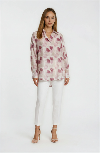 Yaprak Baskılı Katlamalı Kol Oversize Gömlek MÜRDÜM