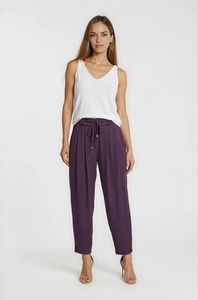 Yüksek Bel Pileli Beli Bağcıklı Lastikli Rahat Kesim Pantolon MÜRDÜM