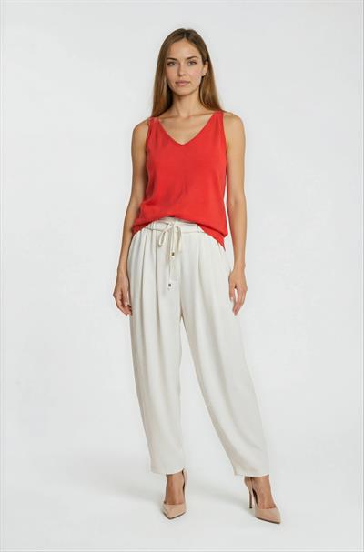 Yüksek Bel Pileli Beli Bağcıklı Lastikli Rahat Kesim Pantolon EKRU
