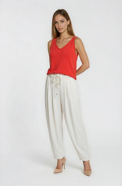Yüksek Bel Pileli Beli Bağcıklı Lastikli Rahat Kesim Pantolon EKRU