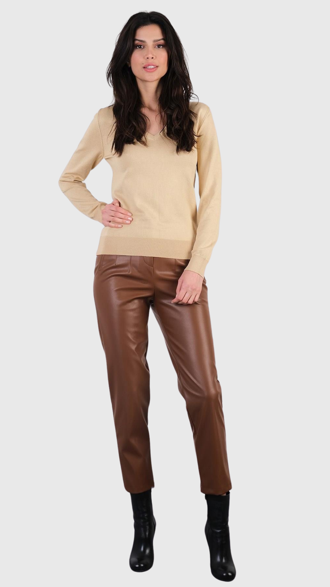 Amore Yüksek Bel Kemersiz Pensli Deri Pantolon TABA