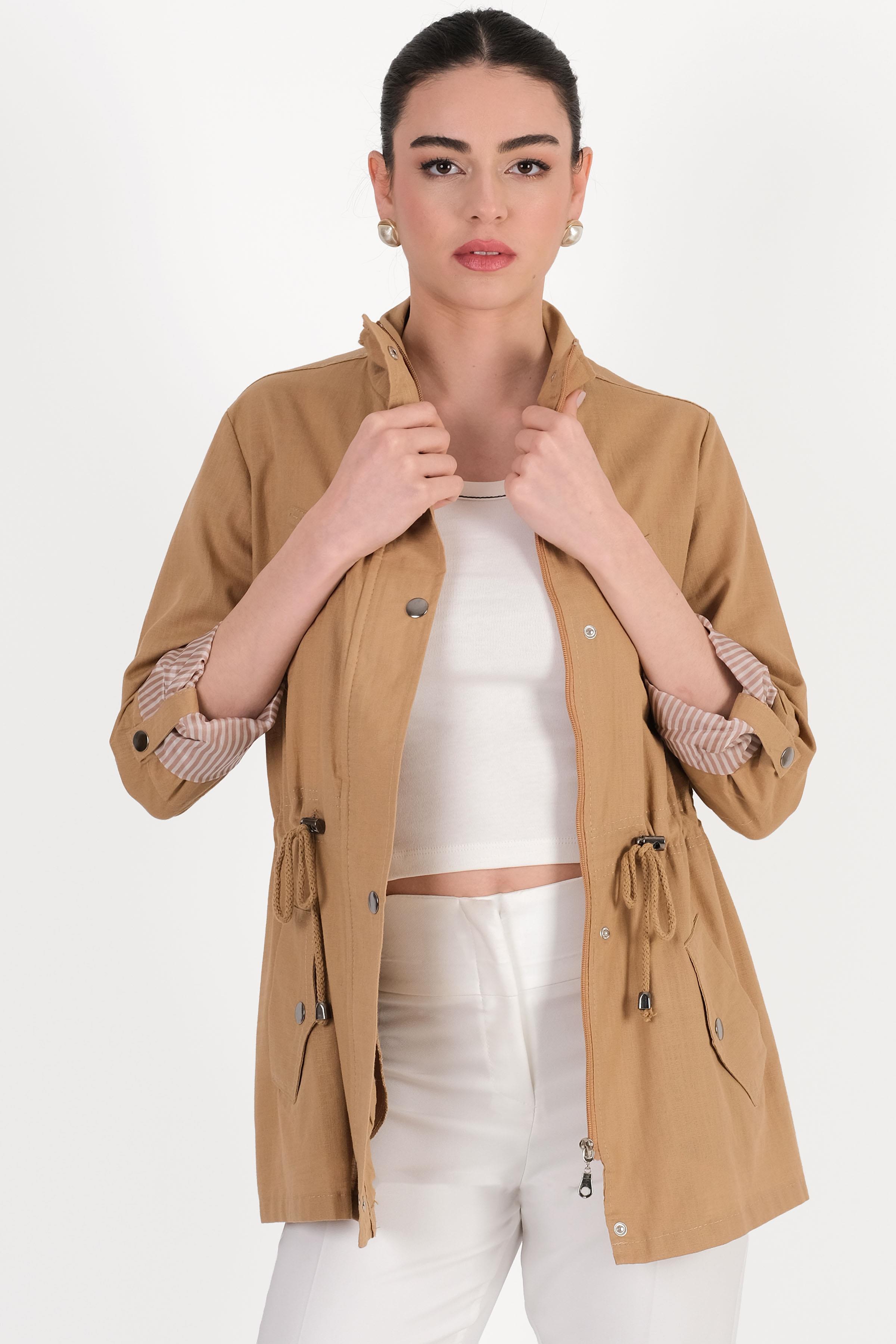 Oriente Dik Yaka Fermuarlı Çıtçıtlı Kaban CAMEL