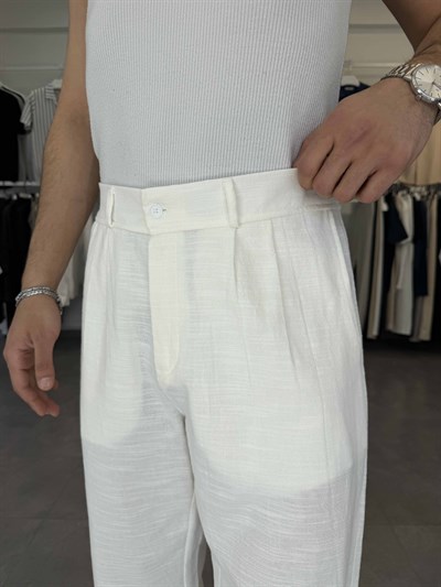 %100 Pamuk Baggy Keten Pantolon (Bel Lastikli) Beyaz