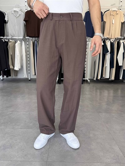 %100 Pamuk Baggy Keten Pantolon (Bel Lastikli) Acı Kahve
