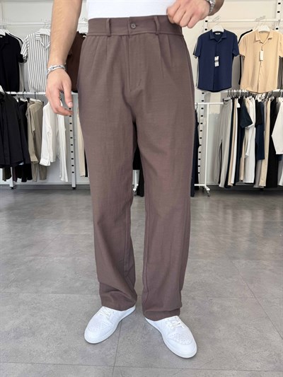 %100 Pamuk Baggy Keten Pantolon (Bel Lastikli) Acı Kahve