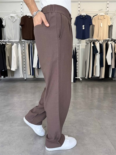 %100 Pamuk Baggy Keten Pantolon (Bel Lastikli) Acı Kahve