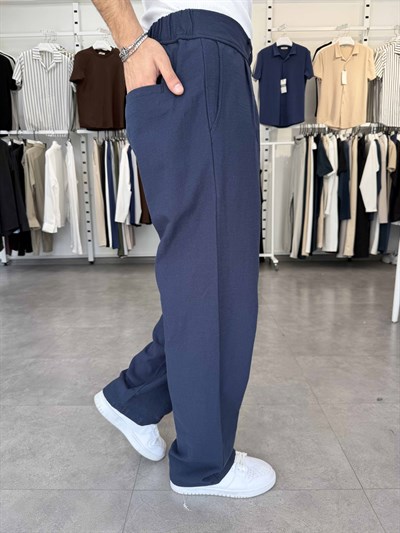 %100 Pamuk Baggy Keten Pantolon (Bel Lastikli) Lacivert