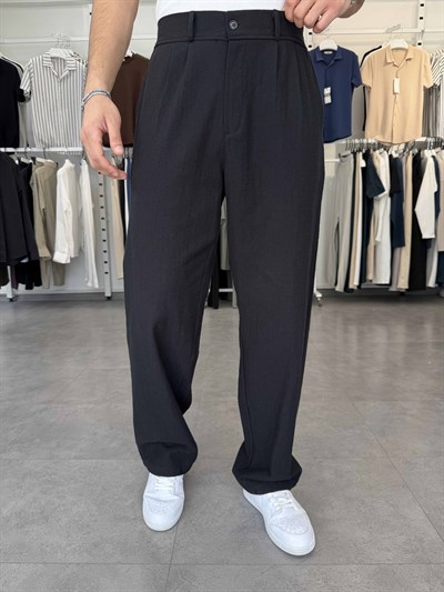 %100 Pamuk Baggy Keten Pantolon (Bel Lastikli) Siyah